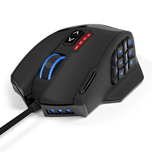 Bawanfa Ratón Gaming con Cable Profesional 16400 dpi, Ratón láser para Juegos MMO, 18 Botones Programables 12 Botones Laterales, Peso Ajustable, luz de Respiración Personalizada