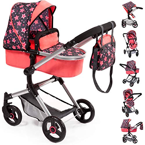 Bayer Design-Cochecito de muñecas Neo Vario con Bolso Cambiador, Convertible, Plegable, Color Rojo, Negro con Estrellas y Corazones (18405AA)