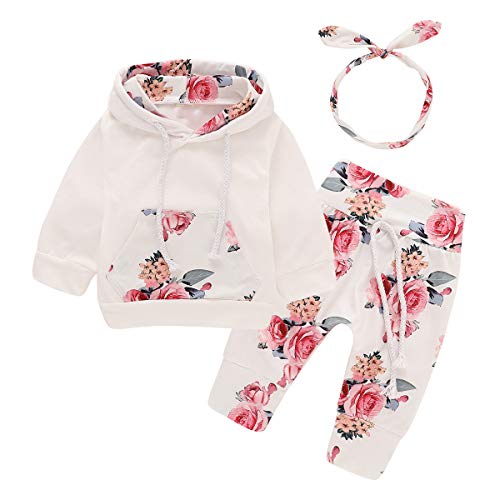 Bebé recién Nacido de Manga Larga con Capucha Floral Sudadera Tops + Pantalones Ropa Trajes (0-3 Meses, Blanco) Bebé recién Nacido de Manga Larga con Capucha Floral Sudadera Tops + Pantalones Ropa Trajes (0-3 Meses, Blanco)