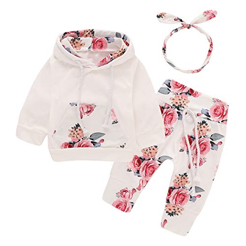 Bebé recién Nacido de Manga Larga con Capucha Floral Sudadera Tops + Pantalones Ropa Trajes (0-3 Meses, Blanco)