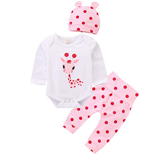 Bebé recién Nacido de Manga Larga de Dibujos Animados Jirafa Mameluco + pantalón de Lunares + Ropa de Sombrero (0-3 Meses, Blanco + Rosa) Bebé recién Nacido de Manga Larga de Dibujos Animados Jirafa Mameluco + pantalón de Lunares + Ropa de Sombrero (0-3 Meses, Blanco + Rosa)