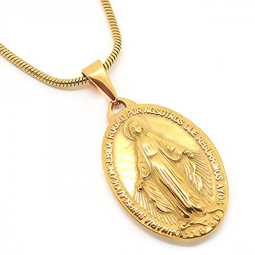 BOBIJOO JEWELRY - Medalla Colgante De La Virgen María Milagrosa De Acero Dorado Acabado De Oro De La Comunión + Cadena
