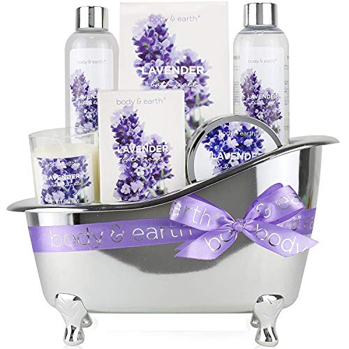 BODY & EARTH Set de regalo de baño para mujer - Set de baño y ducha de 6 piezas Lavender perfumado con gel de ducha, baño de burbujas, sal de baño, el mejor regalo para ella
