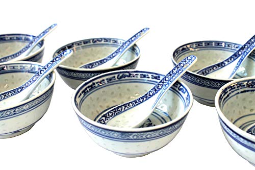 Bol + Cuchara de arroz cuenco de porcelana china Porcelana Cuenco de Arroz de grano de arroz Asia, porcelana, azul, 6x