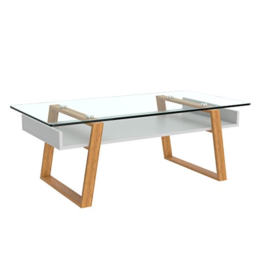 bonVIVO Mesa de Centro Vintage Donatella, Puede Usarse como Mesa de Café Moderna para Salón, Mesa de Centro Blanca, Mesas de Centro o Mesa Auxiliar con Marco de Madera Natural y Placa de Cristal