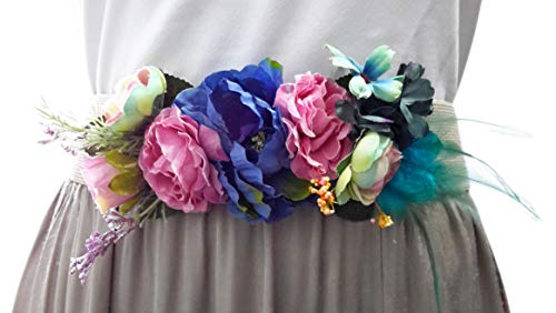 BRANDELIA Cinturones de Flores para Vestidos de Fiesta Mujer Cinturones Elásticos Mujer con Flores Artificiales, Cinta Beis Pluma Verde