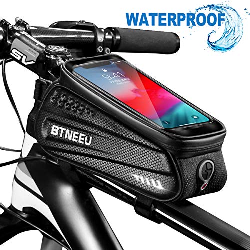 BTNEEU Bolsa Cuadro Bicicleta Impermeable con Pantalla Táctil, Bolsa Bicicleta Manillar Movil Bolsa Bicicleta Telefono Bolsa Tubo Bicicleta para iPhone Samsung Smartphone Menos de 6.5’’ (Negro)