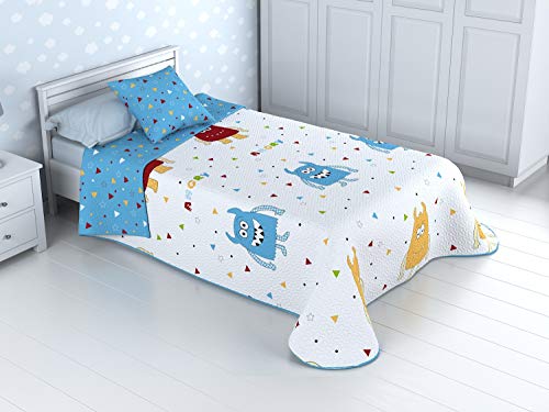 Cabetex Home - Colcha Bouti Infantil Reversible 100% con Funda de cojín y Tacto algodón Mod. Monster (Cama de 90 cm (180_x_260 cm))