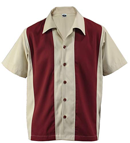 Camisa de hombre de estilo bowling Camp Cabana para hombre, estilo Rockabilly, dos tonos, Gabardine Lounge Fifties Vintage Retro Double Panel D600 Beige/Rojo M