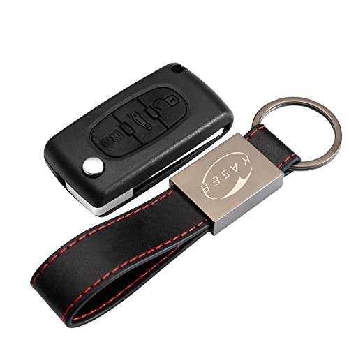 Carcasa Funda Llave Remoto Mando 3 Botones para Citroen C1 C2 C3 C4 C5 con Llavero de Cuero KASER Carcasa Funda Llave Remoto Mando 3 Botones para Citroen C1 C2 C3 C4 C5 con Llavero de Cuero KASER