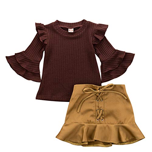 Carolilly - Conjunto de 2 piezas para niña recién nacida, jersey de manga larga + falda de cintura alta elegante marrón 100 cm(18-24 meses)