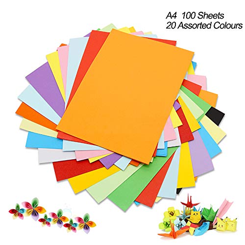 Cartulina de colores A4, 100 unidades, 180 g, 20 colores variados, papel de origami, manualidades y decoración, papel de dibujo y corte, papel de impresora de colores (297 x 210 mm)
