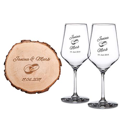 Casa Vivente Rodaja de Árbol y 2 Copas de Vino Blanco con Grabado Individual Motivo: Anillos – Idea para Regalo de Bodas Regalo para Parejas Detalles Bonitos para San Valentín Casa Vivente Rodaja de Árbol y 2 Copas de Vino Blanco con Grabado Individual Motivo: Anillos – Idea para Regalo de Bodas Regalo para Parejas Detalles Bonitos para San Valentín
