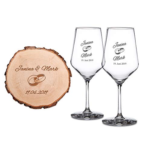 Casa Vivente Rodaja de Árbol y 2 Copas de Vino Blanco con Grabado Individual Motivo: Anillos – Idea para Regalo de Bodas Regalo para Parejas Detalles Bonitos para San Valentín