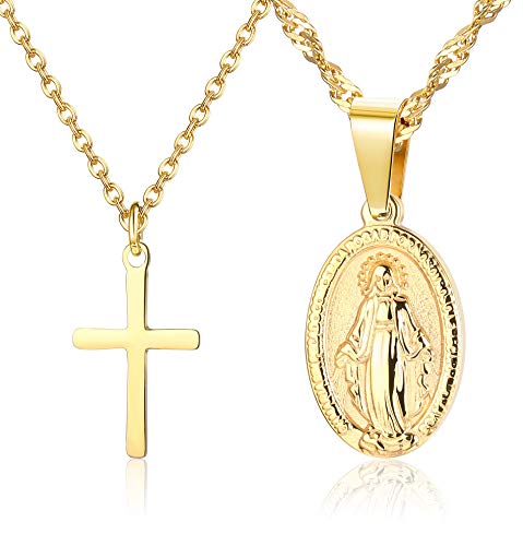 CASSIECA 2 Piezas 14K Chapado en Oro Acero Inoxidable Collar para Hommer Mujer Cruz Colgante Collar Virgen Maria San Cristóbal Collar Joyería Católica Cristiana CASSIECA 2 Piezas 14K Chapado en Oro Acero Inoxidable Collar para Hommer Mujer Cruz Colgante Collar Virgen Maria San Cristóbal Collar Joyería Católica Cristiana