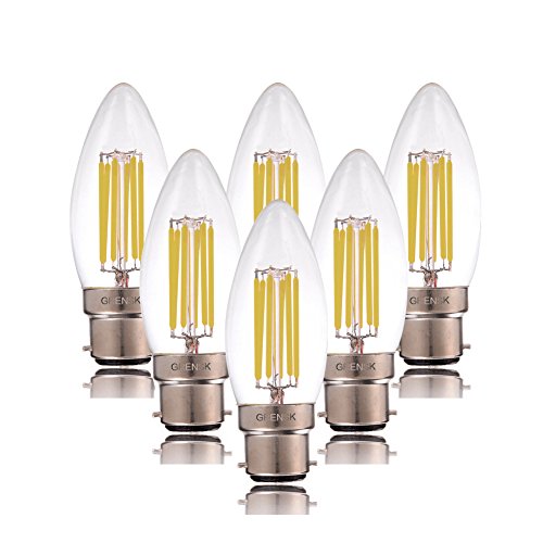 Century Light - C35 Bombilla para velas con filamento LED de 6W, Luz diurna 6000K (blanco frío), Bayoneta B22, Equivalente incandescente de 60W, No regulable, 6Pack