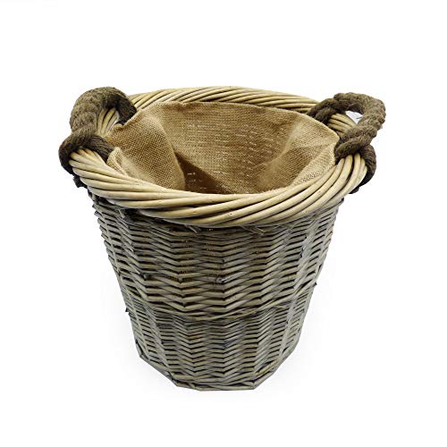 Cesta de mimbre redonda clásica o cama de matrimonio,. Elevación asas forro de arpillera Cesta de mimbre redonda clásica o cama de matrimonio,. Elevación asas forro de arpillera