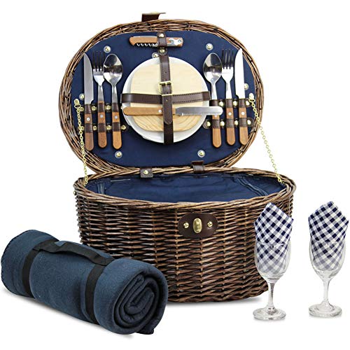 Cesta de Picnic «Ovalada» de Mimbre Natural con Servicio para 2 Personas con refrigerador Aislado «Integrado», Cesta de Picnic de Mimbre Natural Cesta de Picnic «Ovalada» de Mimbre Natural con Servicio para 2 Personas con refrigerador Aislado «Integrado», Cesta de Picnic de Mimbre Natural