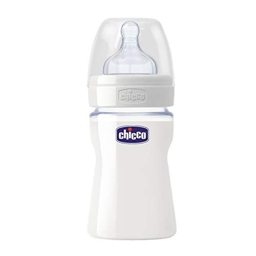 Chicco Wellbeing - Biberón de vidrio/cristal con tetina silicona, flujo normal, 150 ml, 0 m+ Chicco Wellbeing - Biberón de vidrio/cristal con tetina silicona, flujo normal, 150 ml, 0 m+