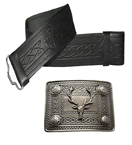 Cinturón de piel y hebilla, muchos tamaños y diseños para elegir Negro Negro en relieve con hebilla de ciervo antigua. 121,92 cm
