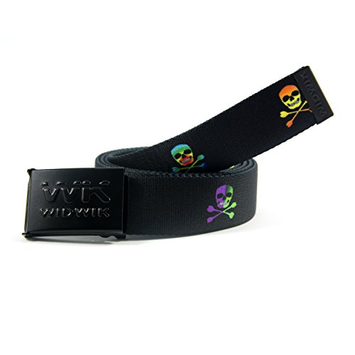 Cinturón negro con dibujos de calaveras de colores de la marca Widwik