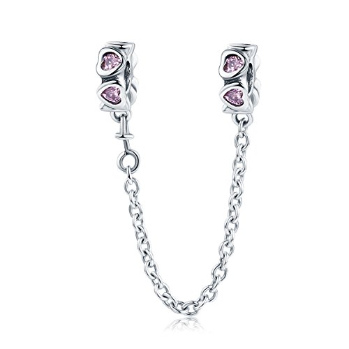 Colgante de cadena de corazón de plata de ley 925 con cierre de clip de seguridad para espaciador abalorios de cristal rosa para pulsera Pandora