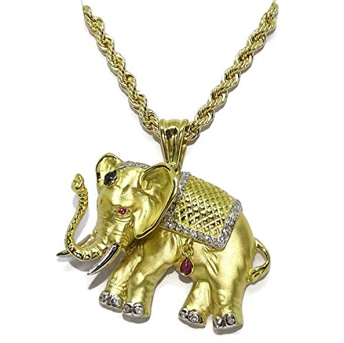 Collar con Elefante de oro amarillo de 18k con 0.32cts de diamantes y piedras preciosas con un cordón de 3.3mm de ancho por 50cm de largo ideal para mujer. Todo oro de 18k. 24.60gr de oro de 18k