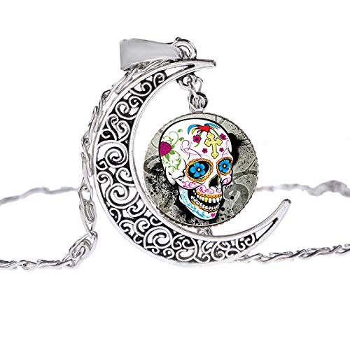 Collar de Calavera de azúcar Mexicana Gótico Día de Muertos Calavera Fresca Impreso Colgante Collar en Forma de Luna Hombres s Charm Jewelry Gifts-7
