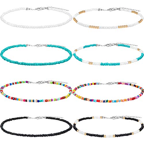 Collar Gargantilla de Cuentas de Semilla Gargantilla de Cuentas Pequeño Gargantilla Boho de Colores Joyería de Cadena para Mujeres y Niñas, Ajustable 12-16 Pulgadas (Color Conjunto 1, 8 Piezas)