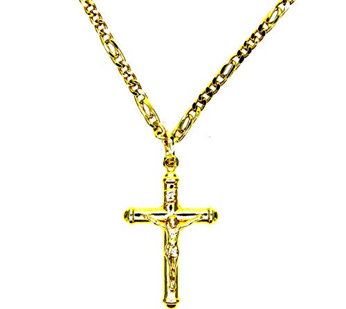 Collar oro amarillo 18 kt Pernice + de eslabones con colgante cruz Cristo capuchas – Cadena cadena hombre cm 50