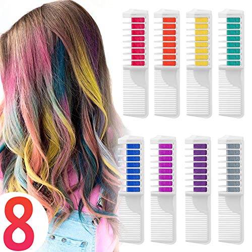 Coloración temporal Cabello Tiza peine cabello tinte cabello, Wolady 8 colores 2 en 1 peine Coloración color de cabello con guantes y chal desechable para niños DIY Cosplay