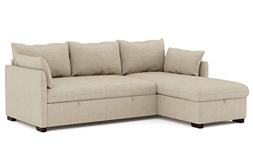 Confort24 Orlando Hogar Sofá Cama 3 Plazas Chaise Longue Esquinero Reversible Izquierda o Derecha con Arcón Tapizado Tela Beige Sofá de Salon Decoración de Hogar Cojines y Tapicería 221 x 162 x 90