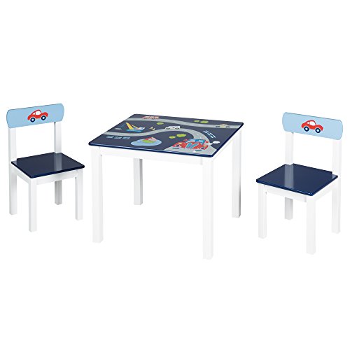 Conjunto de asientos para niños roba 'Piloto', conjunto de muebles infantiles compuesto por dos sillas y una mesa de juegos, decoraciones con motivos automovilisticos en azul.