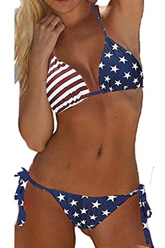 Conjunto de Bikini de Bandera Americana para Mujer Trajes de baño de Tanga Triangulares Laterales con Lazo Azul L