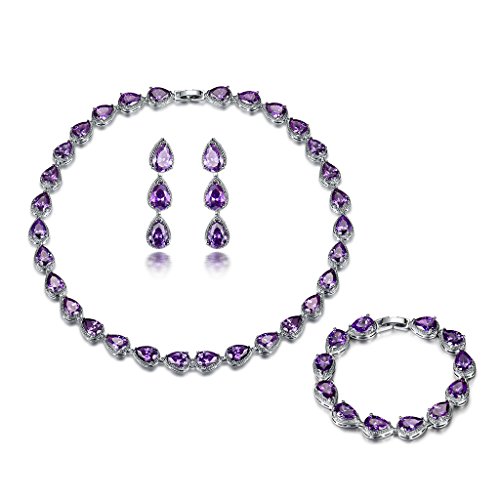 Conjunto de joyas de Gulicx, tono plata, collar, pulsera y pendientes de amatista y circonita en color morado, piedras con forma de lágrima