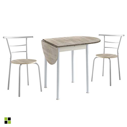 Conjunto Mesa de Cocina Extensible y 2 Sillas - Modelo Leva - Estilo Moderno - Acabado Color Roble/Blanco - Material MDF/Metal - Medidas 55/115 x 61 x 74 cm Conjunto Mesa de Cocina Extensible y 2 Sillas - Modelo Leva - Estilo Moderno - Acabado Color Roble/Blanco - Material MDF/Metal - Medidas 55/115 x 61 x 74 cm