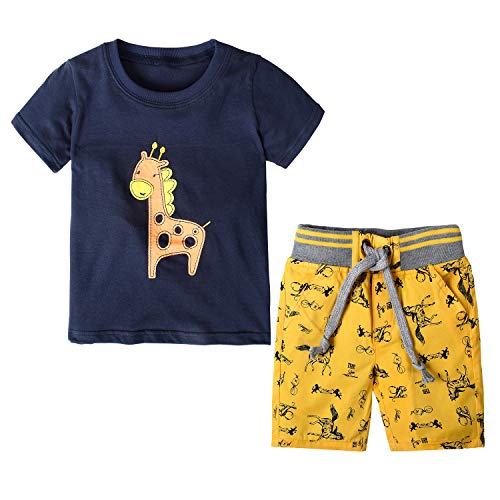 Conjuntos de Verano para niños Conjuntos de Camiseta de Manga Corta Pantalones Cortos de Lavado elástico Conjuntos de Ropa (Negro/Amarillo, 5-6 años)