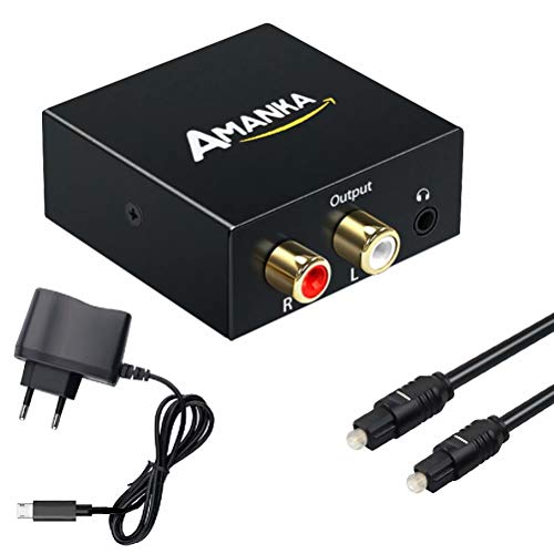 Convertidor Digital a Analógico, AMANKA DAC Audio Óptico Coaxial(RCA) Toslink SPDIF a Audio Estéreo R/L + Jack 3.5mm con Cable Óptico