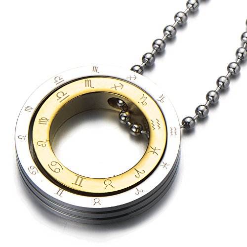 COOLSTEELANDBEYOND Signos del Zodiaco, Anillo Colgante, Collar de Mujer de Hombre, Acero Inoxidable, Bola Cadena 60CM COOLSTEELANDBEYOND Signos del Zodiaco, Anillo Colgante, Collar de Mujer de Hombre, Acero Inoxidable, Bola Cadena 60CM