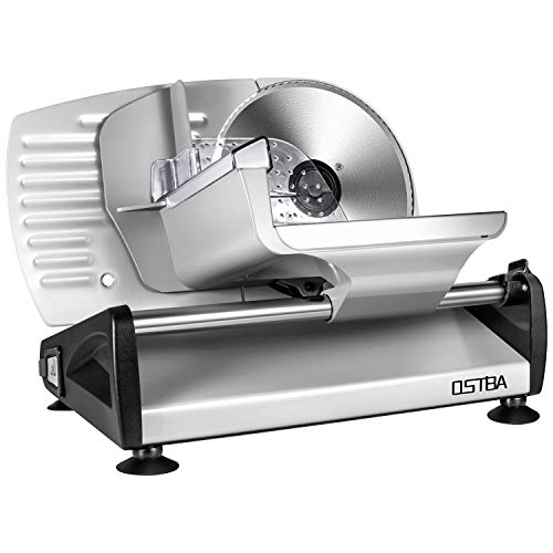 Cortafiambres eléctrico, cuchilla de acero inoxidable, cortador de salchichas con grosor de corte ajustable (0 – 15 mm), máquina cortadora de queso, máquina de cortar pan, 150 W, plata, ostba Cortafiambres eléctrico, cuchilla de acero inoxidable, cortador de salchichas con grosor de corte ajustable (0 – 15 mm), máquina cortadora de queso, máquina de cortar pan, 150 W, plata, ostba