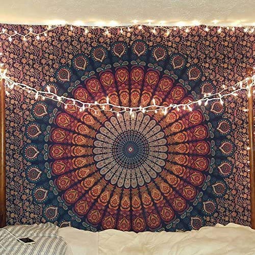 Craftozone Multi-Colored Mandala Tapestry Indian Wall Hanging, Bedsheet (Dark Blue, 230x220 cms)