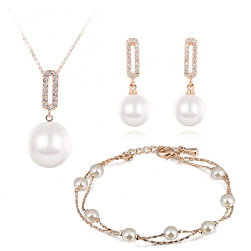 Cristal Swarovski Perlas blancas simuladas Juego de joyas Collar con colgante 45 cm Pendientes Pulsera 18k Chapado en oro para mujer