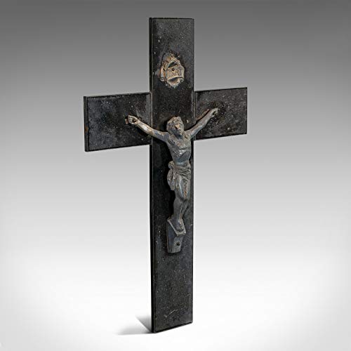Crucifijo de pared antiguo, inglés, espeltre de bronce, pizarra, Jesucristo en cruz