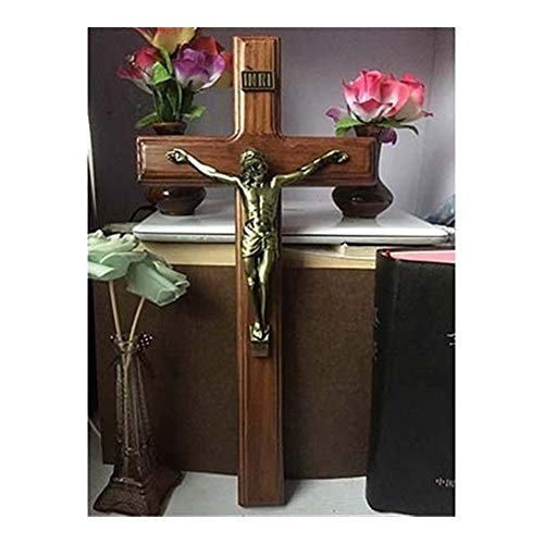 Cruz Jesús 40 * 20cm colgar de la pared de madera Final de plata cruz de bronce crucifijo Jesucristo antiguo Jesús en la cruz capilla de Casa Decor ( Color : Brown , Cross Size : 40 x 20 x 2.5 CM )