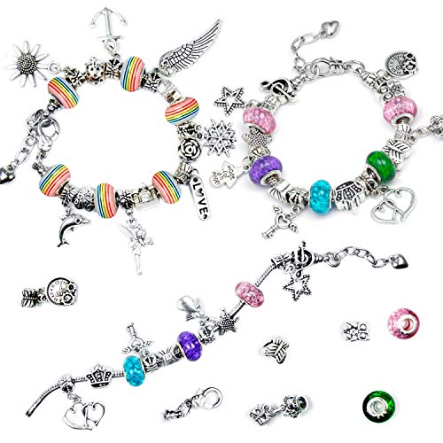 Czemo Hacer Pulseras con Dijes 3 Cadenas Chapadas en Plata 20 Cuentas de Metal 15 Cuentas Colgantes y 18 Cuentas de Vidrio Arcoiris para Niña de Kit Artesanía DIY Hacer Pulseras