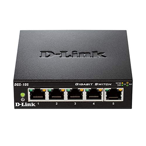 D-Link DGS-105 - Switch de red (5 puertos Gigabit RJ-45, 10/100/1000 Mbps, chasis metálico, IGMP snooping, autosensing, priorización de tráfico QoS 802.1p) color negro