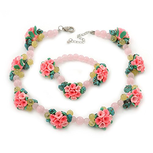 De cuarzo rosa, color turquesa collar de cuentas Fimo y flexión Conjunto brazalete en tono plata - 40 cm, longitud/5 cm de extensión