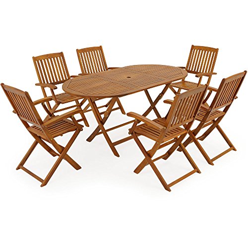 Deuba Conjunto de jardín "Boston" de madera de Acacia set de 1 mesa y 6 sillas plegables con soporte para sombrilla