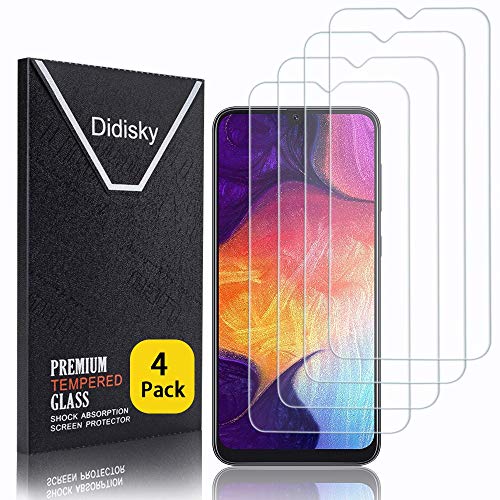 Didisky - Protector de Pantalla de Cristal Templado para Samsung Galaxy A50 2019, 4 Unidades, protección de Pantalla [Tacto Suave], fácil de Limpiar, fácil de Instalar, Transparente