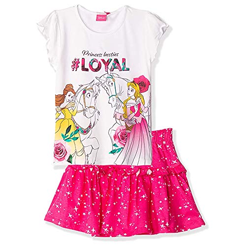 Disney - Conjunto de camiseta y falda de manga corta para niña, diseño de personajes de Princesas Oficiales de Disney, 100% algodón, 2 a 8 años Blanco blanco 2-3 Años